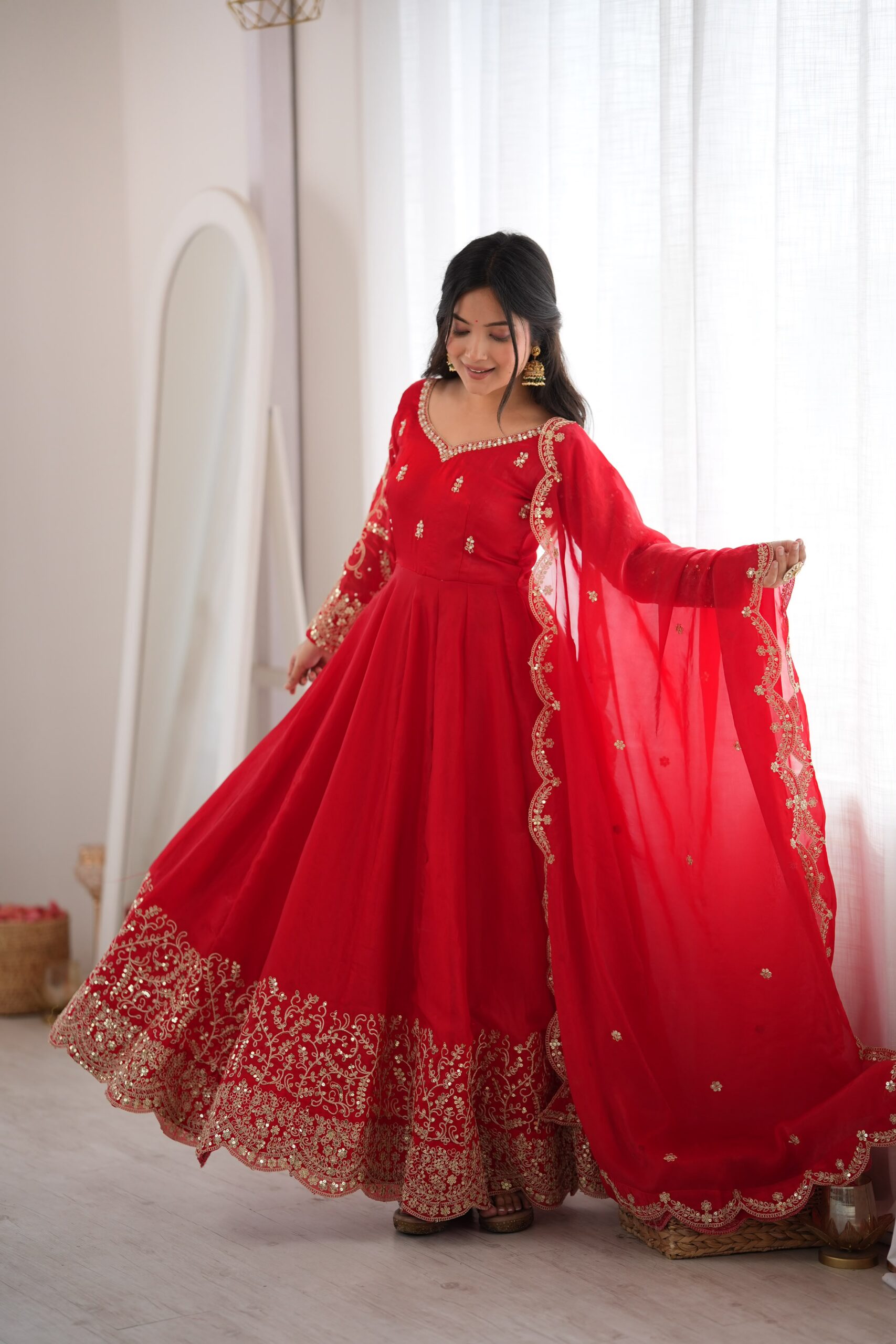 ZSR 3185 Red Fendy Silk Gown with Embroidery Work & Sequins Work. Special Price ₹2399. Delivery 4-6 Working Days. Shop now. | Gowns, Bollywood Gowns, Creative Gowns, Designer Gowns, Embroidered Gowns, Party Wear Gowns