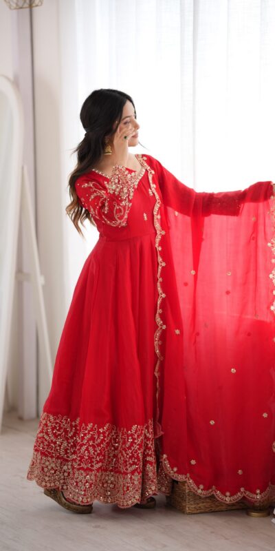 ZSR 3185 Red Fendy Silk Gown with Embroidery Work & Sequins Work. Special Price ₹2399. Delivery 4-6 Working Days. Shop now. | Gowns, Bollywood Gowns, Creative Gowns, Designer Gowns, Embroidered Gowns, Party Wear Gowns