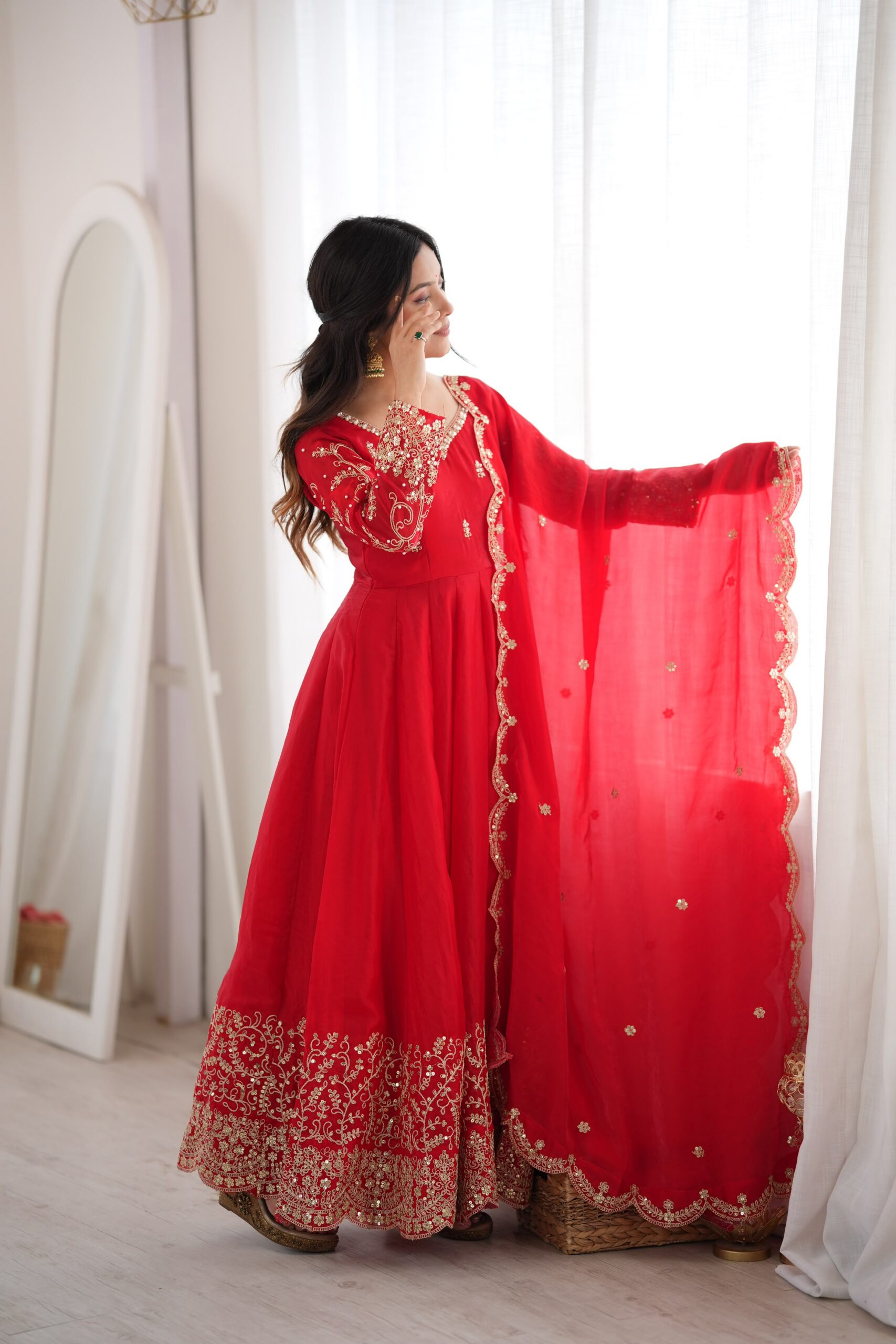 ZSR 3185 Red Fendy Silk Gown with Embroidery Work & Sequins Work. Special Price ₹2399. Delivery 4-6 Working Days. Shop now. | Gowns, Bollywood Gowns, Creative Gowns, Designer Gowns, Embroidered Gowns, Party Wear Gowns