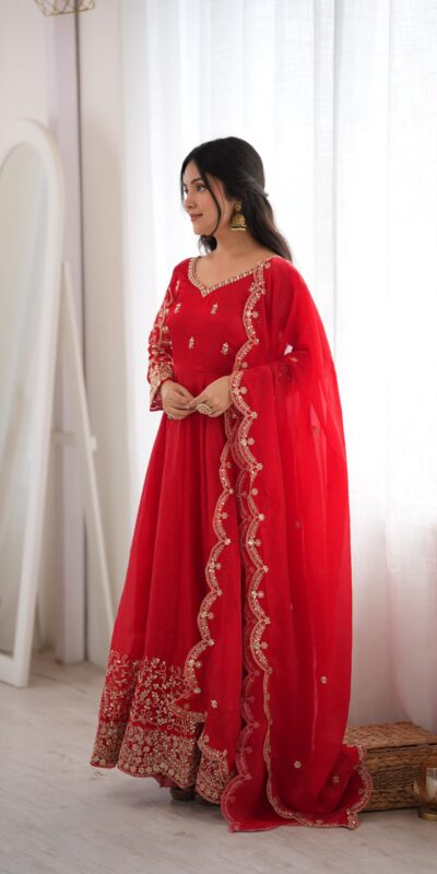 ZSR 3185 Red Fendy Silk Gown with Embroidery Work & Sequins Work. Special Price ₹2399. Delivery 4-6 Working Days. Shop now. | Gowns, Bollywood Gowns, Creative Gowns, Designer Gowns, Embroidered Gowns, Party Wear Gowns