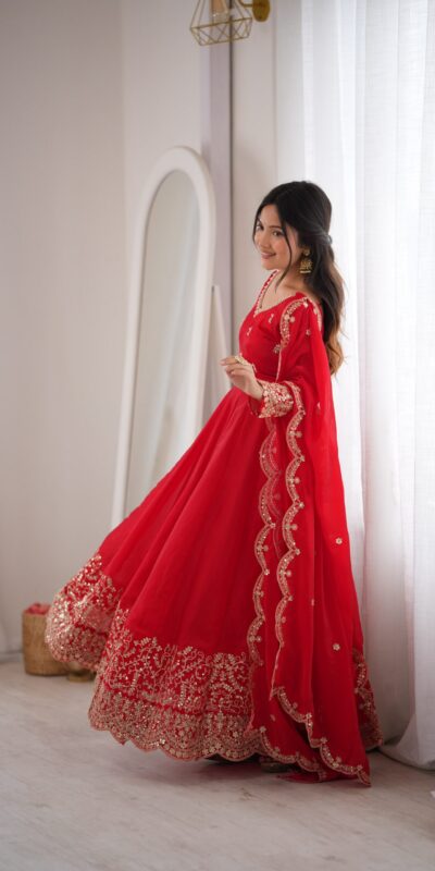 ZSR 3185 Red Fendy Silk Gown with Embroidery Work & Sequins Work. Special Price ₹2399. Delivery 4-6 Working Days. Shop now. | Gowns, Bollywood Gowns, Creative Gowns, Designer Gowns, Embroidered Gowns, Party Wear Gowns