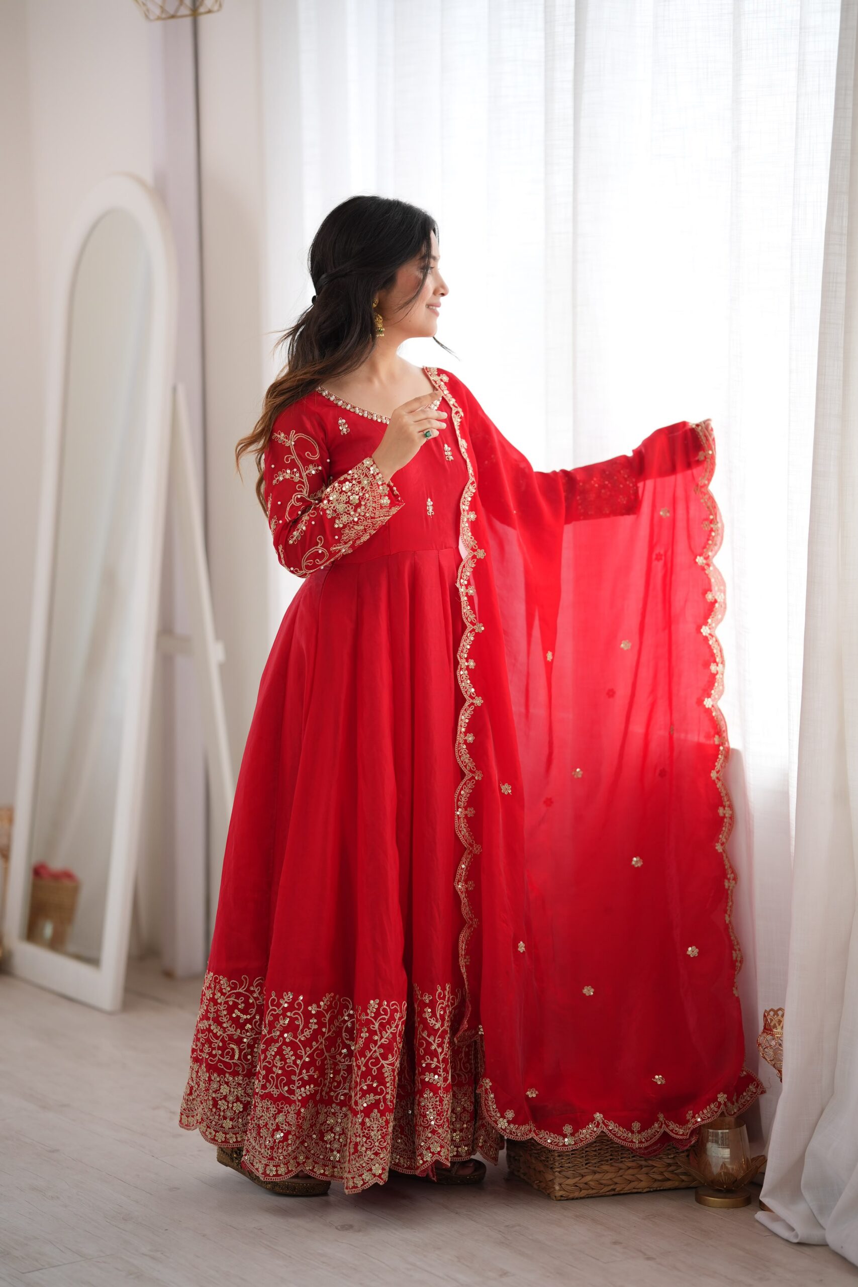 ZSR 3185 Red Fendy Silk Gown with Embroidery Work & Sequins Work. Special Price ₹2399. Delivery 4-6 Working Days. Shop now. | Gowns, Bollywood Gowns, Creative Gowns, Designer Gowns, Embroidered Gowns, Party Wear Gowns