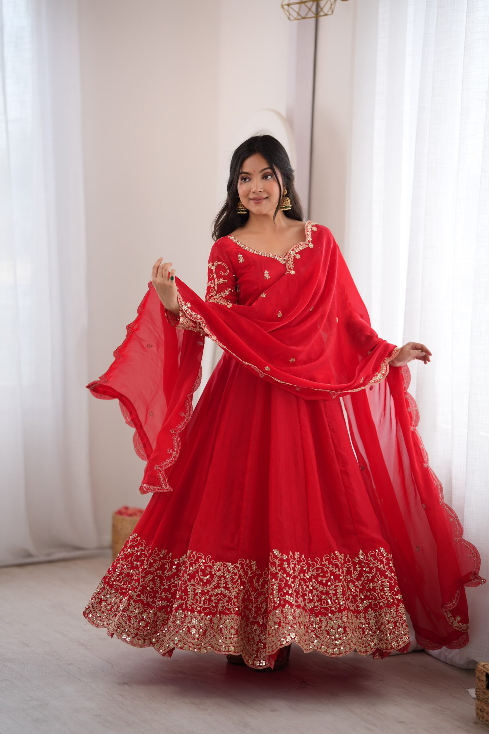 ZSR 3185 Red Fendy Silk Gown with Embroidery Work & Sequins Work. Special Price ₹2399. Delivery 4-6 Working Days. Shop now. | Gowns, Bollywood Gowns, Creative Gowns, Designer Gowns, Embroidered Gowns, Party Wear Gowns