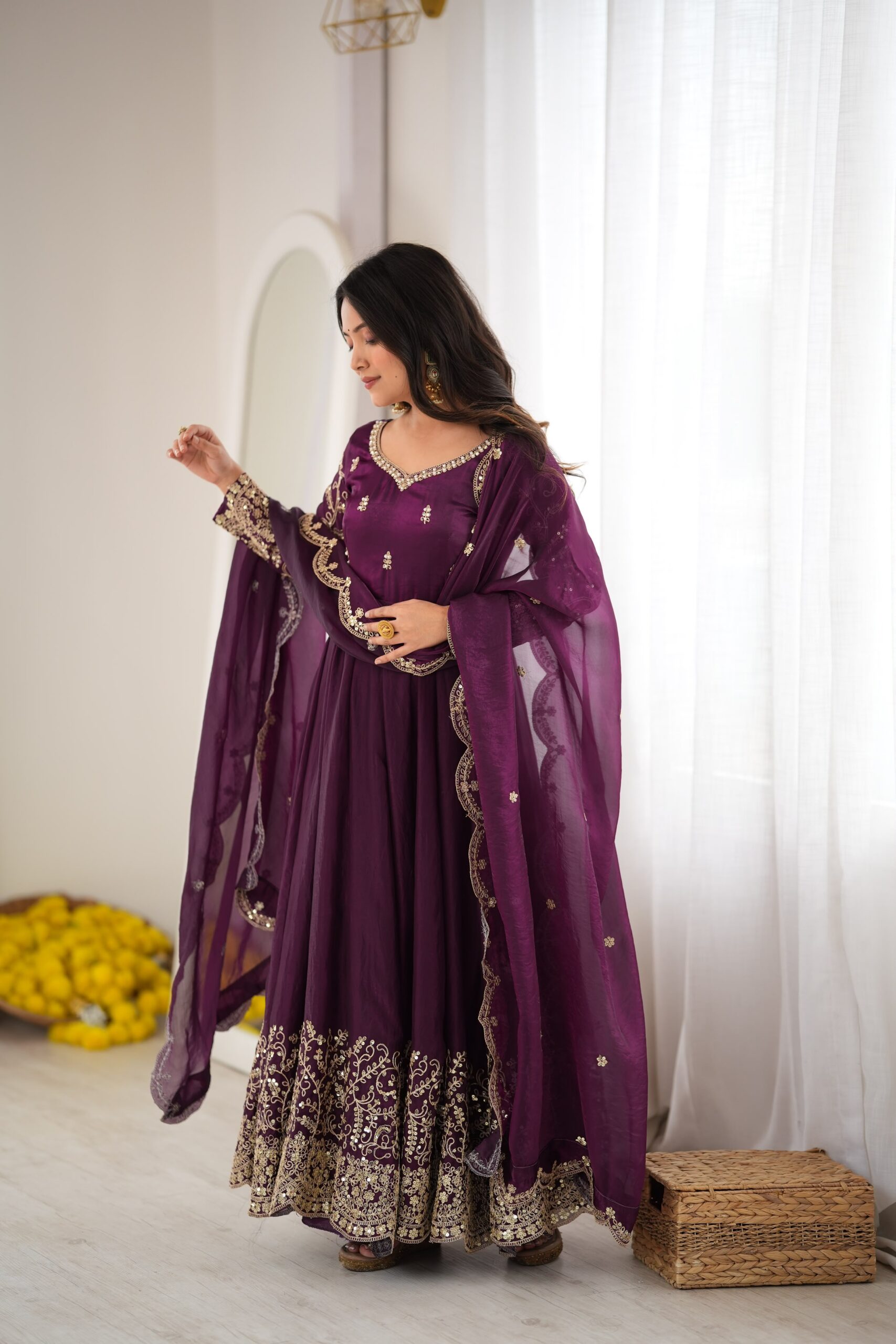 ZSR 3185 Wine Fendy Silk Gown with Embroidery Work & Sequins Work. Special Price ₹2399. Delivery 4-6 Working Days. Shop now. | Gowns, Bollywood Gowns, Creative Gowns, Designer Gowns, Embroidered Gowns, Party Wear Gowns