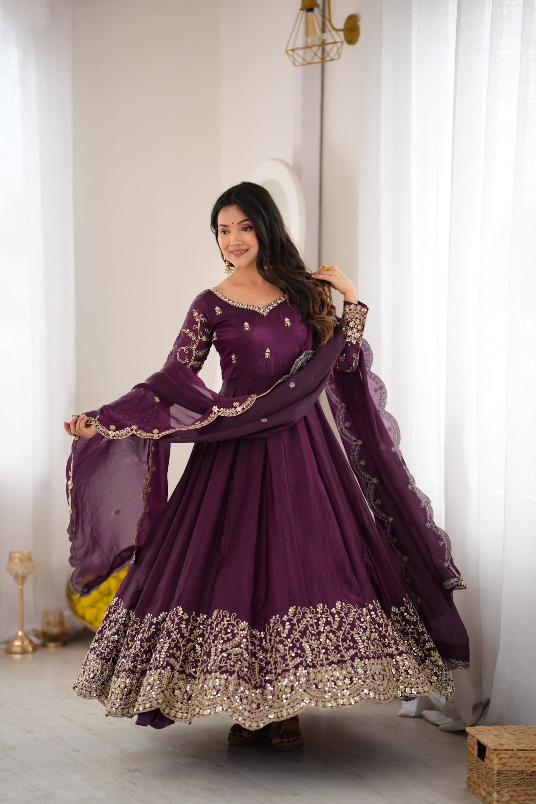 ZSR 3185 Wine Fendy Silk Gown with Embroidery Work & Sequins Work. Special Price ₹2399. Delivery 4-6 Working Days. Shop now. | Gowns, Bollywood Gowns, Creative Gowns, Designer Gowns, Embroidered Gowns, Party Wear Gowns
