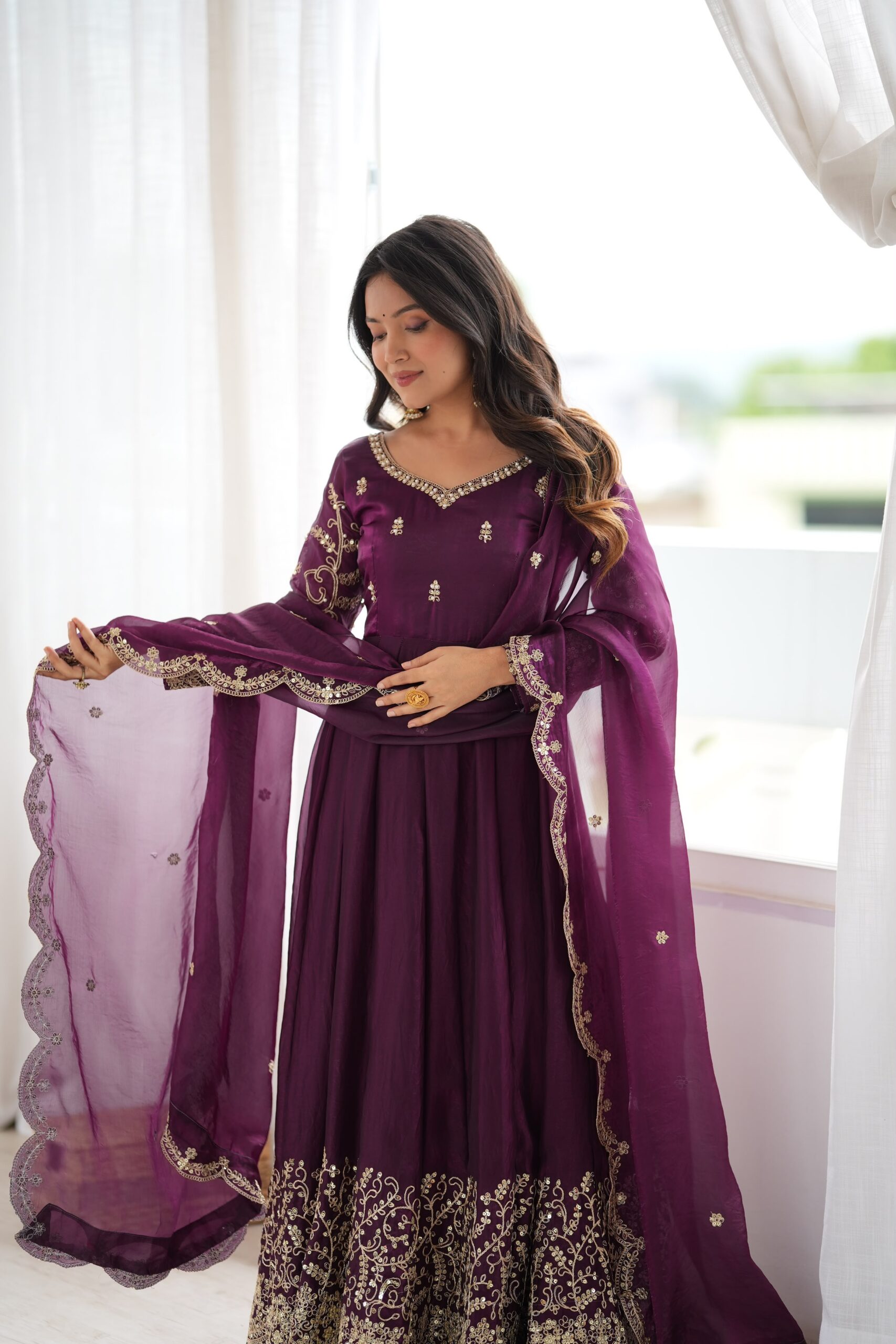 ZSR 3185 Wine Fendy Silk Gown with Embroidery Work & Sequins Work. Special Price ₹2399. Delivery 4-6 Working Days. Shop now. | Gowns, Bollywood Gowns, Creative Gowns, Designer Gowns, Embroidered Gowns, Party Wear Gowns