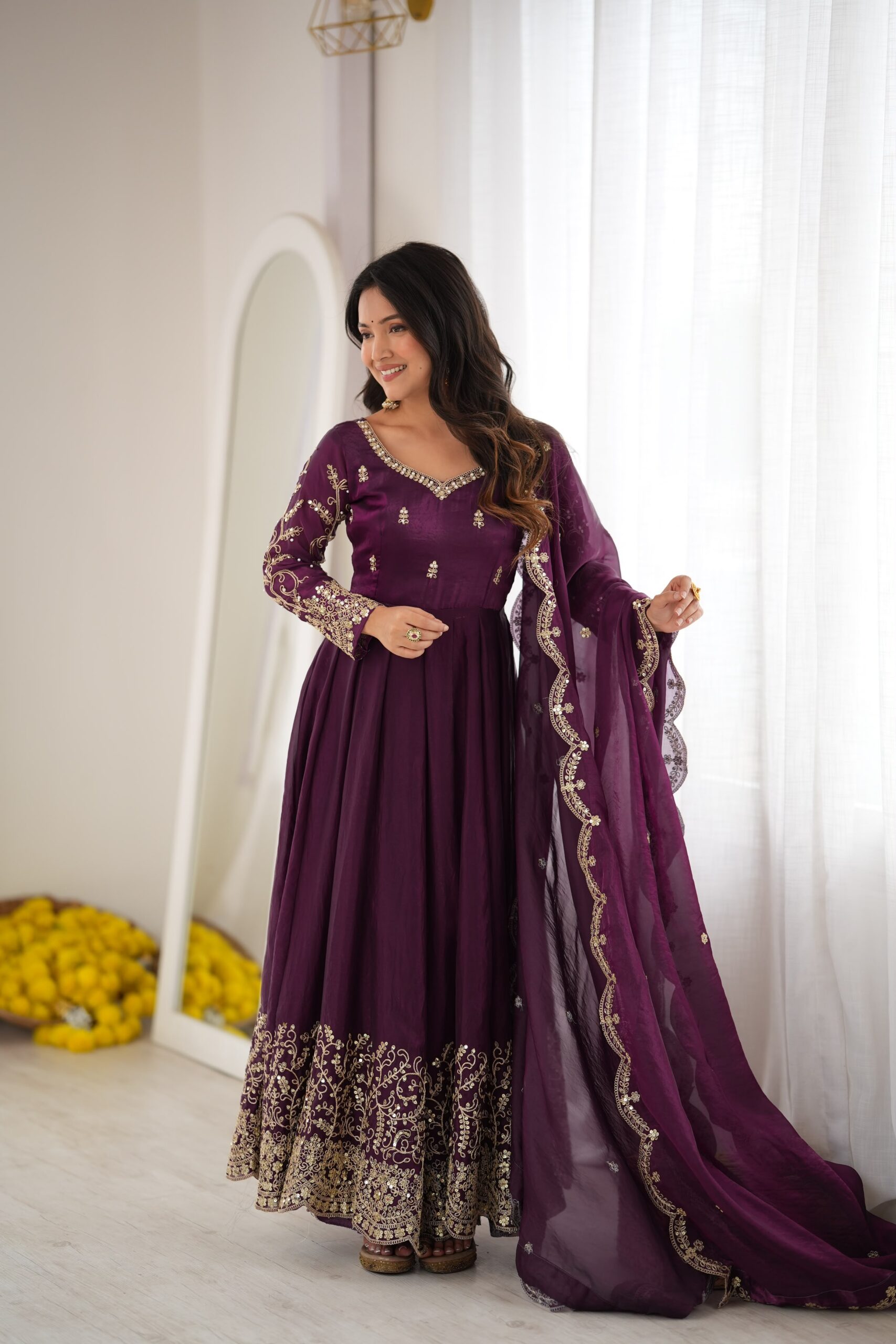 ZSR 3185 Wine Fendy Silk Gown with Embroidery Work & Sequins Work. Special Price ₹2399. Delivery 4-6 Working Days. Shop now. | Gowns, Bollywood Gowns, Creative Gowns, Designer Gowns, Embroidered Gowns, Party Wear Gowns