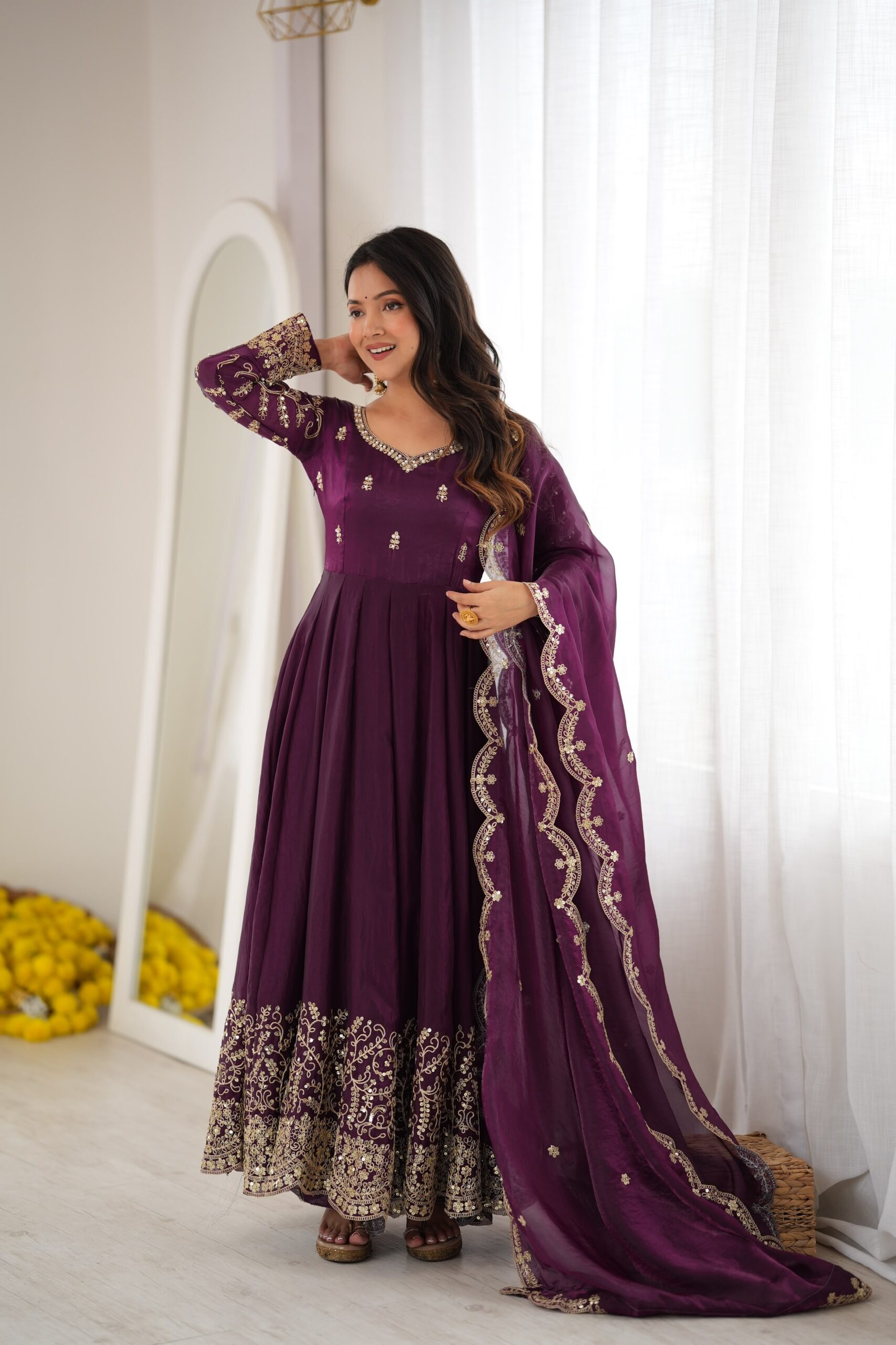 ZSR 3185 Wine Fendy Silk Gown with Embroidery Work & Sequins Work. Special Price ₹2399. Delivery 4-6 Working Days. Shop now. | Gowns, Bollywood Gowns, Creative Gowns, Designer Gowns, Embroidered Gowns, Party Wear Gowns