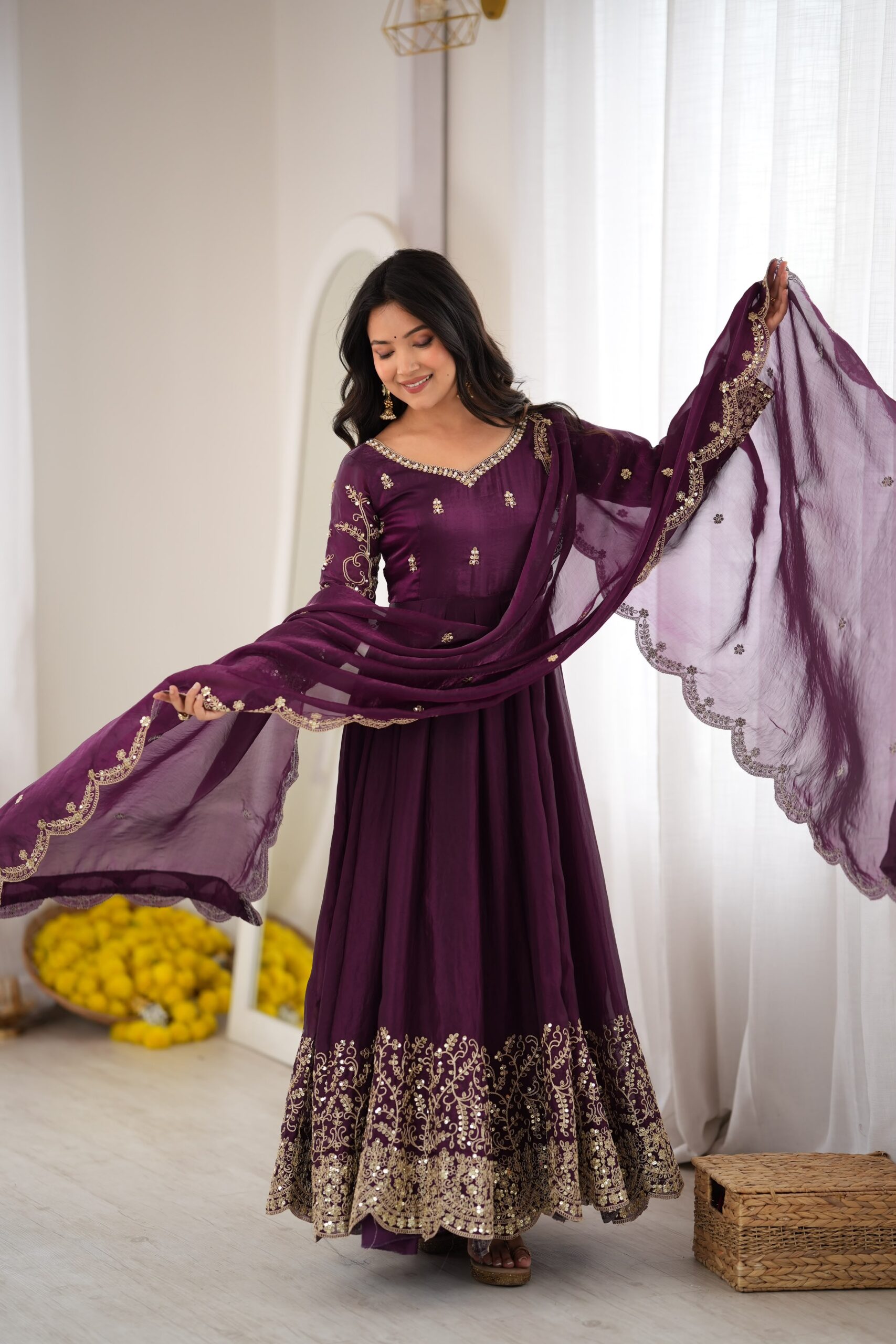 ZSR 3185 Wine Fendy Silk Gown with Embroidery Work & Sequins Work. Special Price ₹2399. Delivery 4-6 Working Days. Shop now. | Gowns, Bollywood Gowns, Creative Gowns, Designer Gowns, Embroidered Gowns, Party Wear Gowns