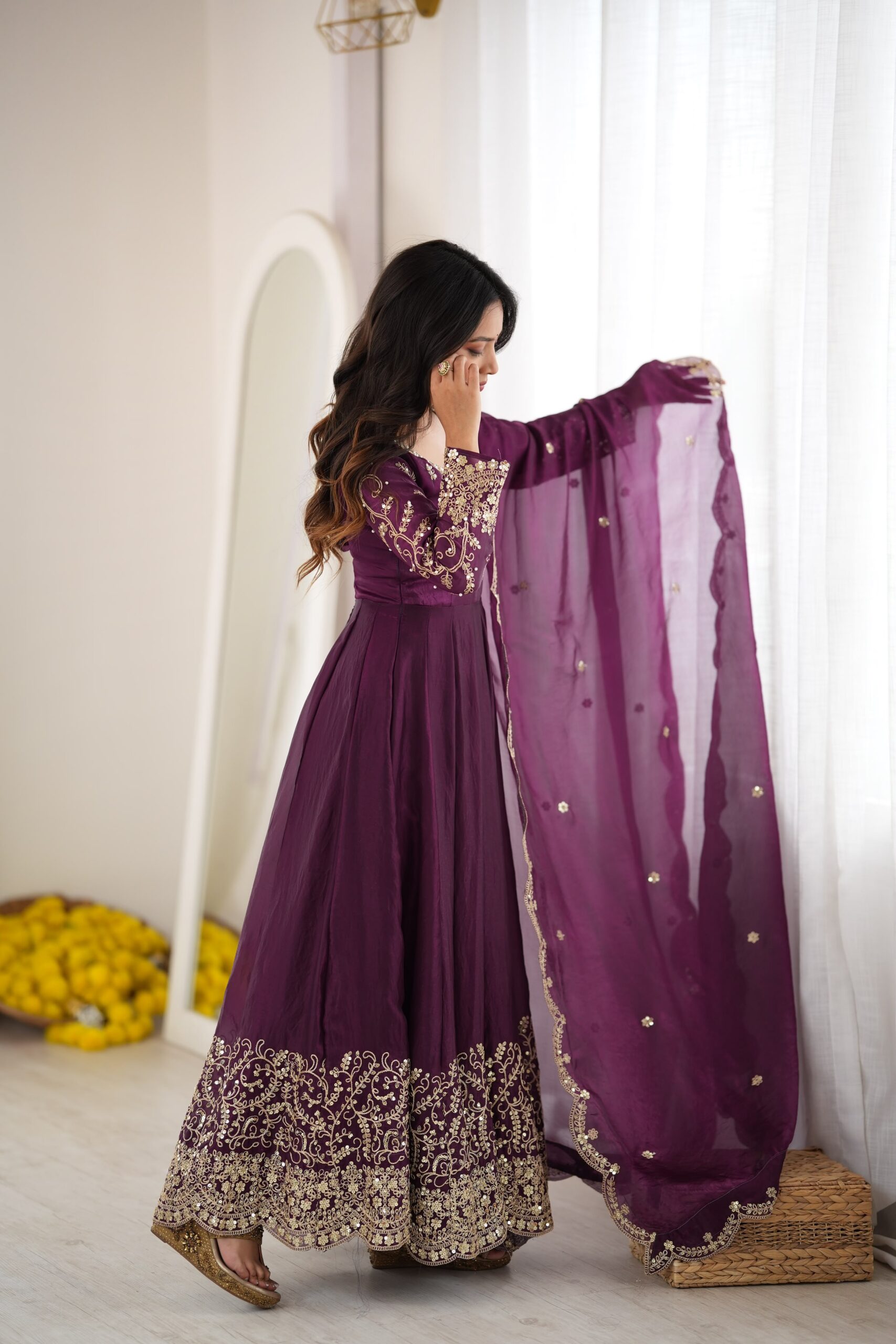 ZSR 3185 Wine Fendy Silk Gown with Embroidery Work & Sequins Work. Special Price ₹2399. Delivery 4-6 Working Days. Shop now. | Gowns, Bollywood Gowns, Creative Gowns, Designer Gowns, Embroidered Gowns, Party Wear Gowns