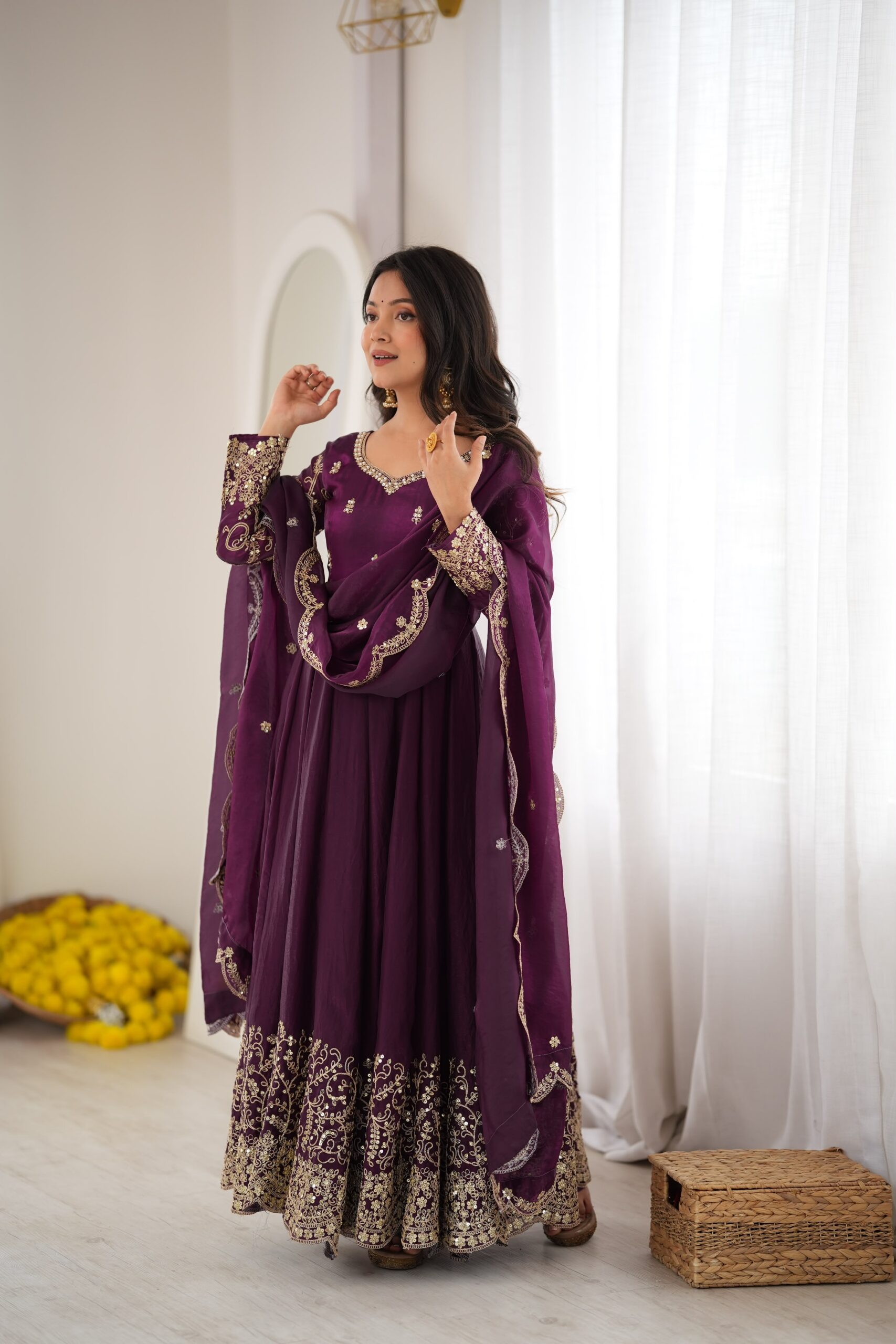 ZSR 3185 Wine Fendy Silk Gown with Embroidery Work & Sequins Work. Special Price ₹2399. Delivery 4-6 Working Days. Shop now. | Gowns, Bollywood Gowns, Creative Gowns, Designer Gowns, Embroidered Gowns, Party Wear Gowns
