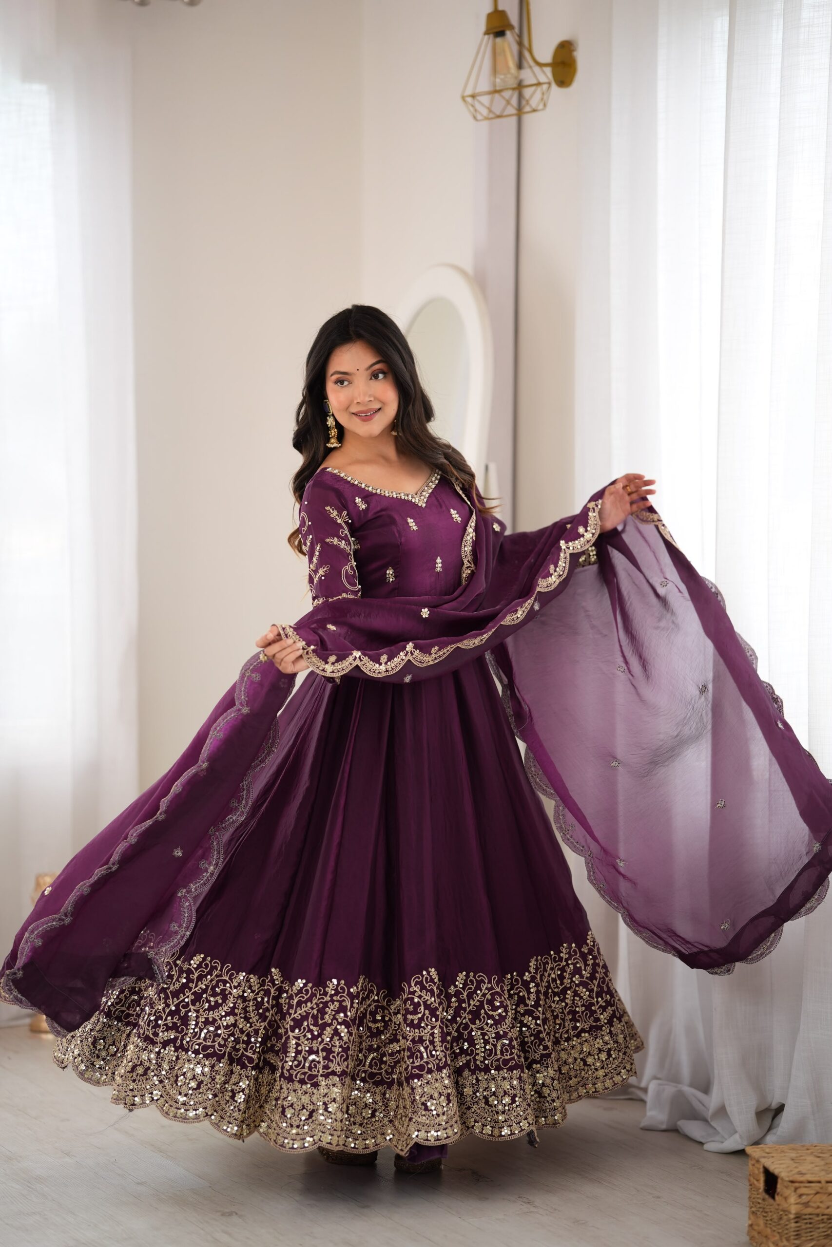 ZSR 3185 Wine Fendy Silk Gown with Embroidery Work & Sequins Work. Special Price ₹2399. Delivery 4-6 Working Days. Shop now. | Gowns, Bollywood Gowns, Creative Gowns, Designer Gowns, Embroidered Gowns, Party Wear Gowns