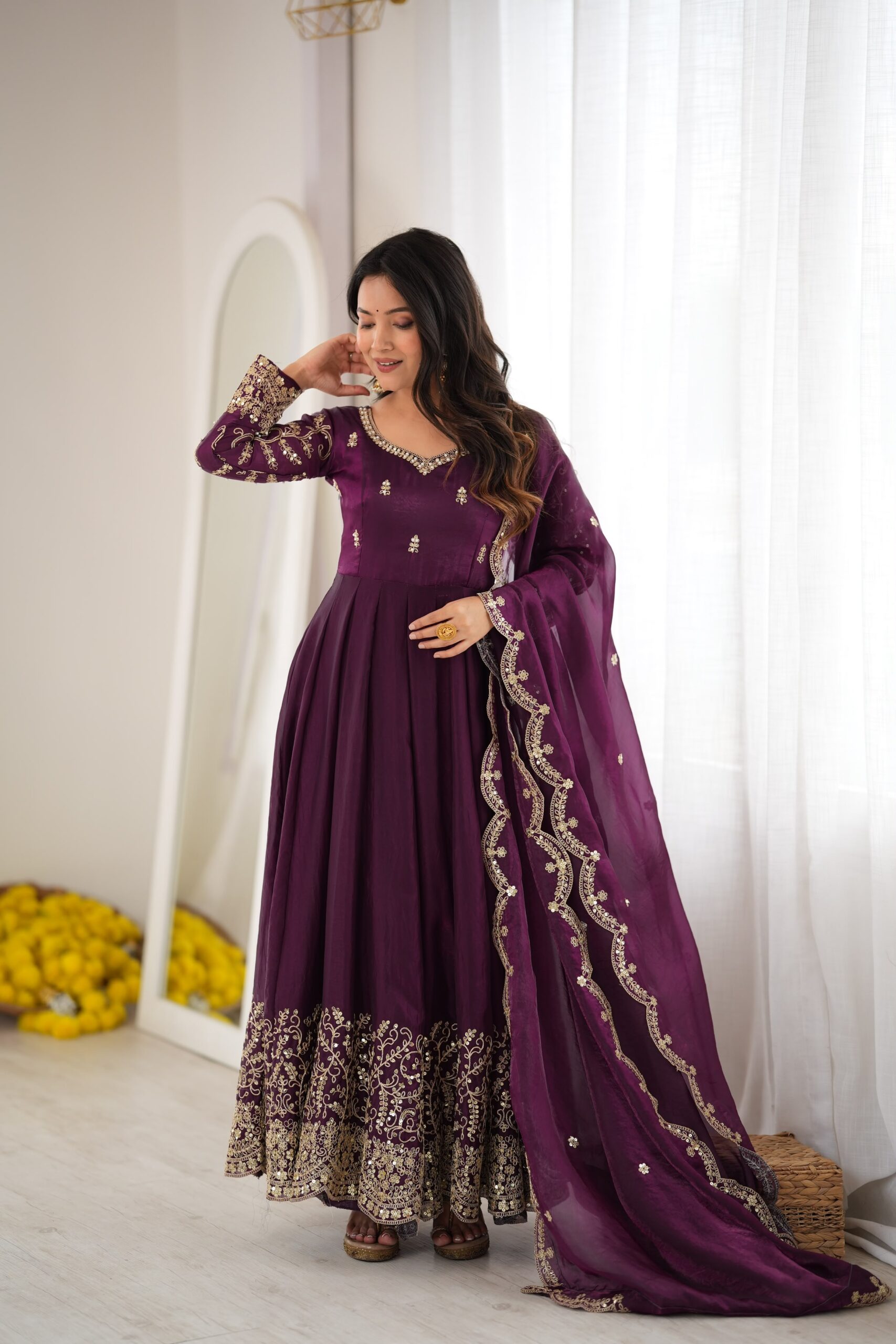 ZSR 3185 Wine Fendy Silk Gown with Embroidery Work & Sequins Work. Special Price ₹2399. Delivery 4-6 Working Days. Shop now. | Gowns, Bollywood Gowns, Creative Gowns, Designer Gowns, Embroidered Gowns, Party Wear Gowns