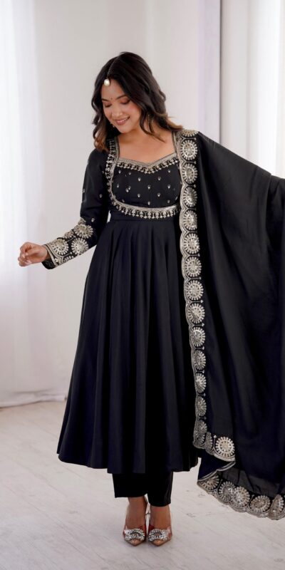 ZF 5026  Black Colour Roman Silk Salwar Suit with Embroidery Work. Best Price ₹2399. Delivery 4-6 Working Days. Online Shop now. | Anarkali Suits, Bollywood Anarkali, Creative-Anarkali, Designer Anarkali, Embroidered Anarkali, Party Wear Anarkali
