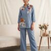 Glowing Blue Cotton Denim Embroidery Work Kurti