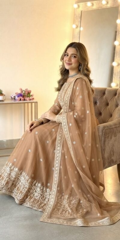SSR 546 Chiku in Georgette Embroidery Work & Sequins Work Gown . Get it for ₹2149. Delivery 4-6 Working Days. Online Shop now. | Gowns, Bollywood Gowns, Creative Gowns, Designer Gowns, Embroidered Gowns, Party Wear Gowns