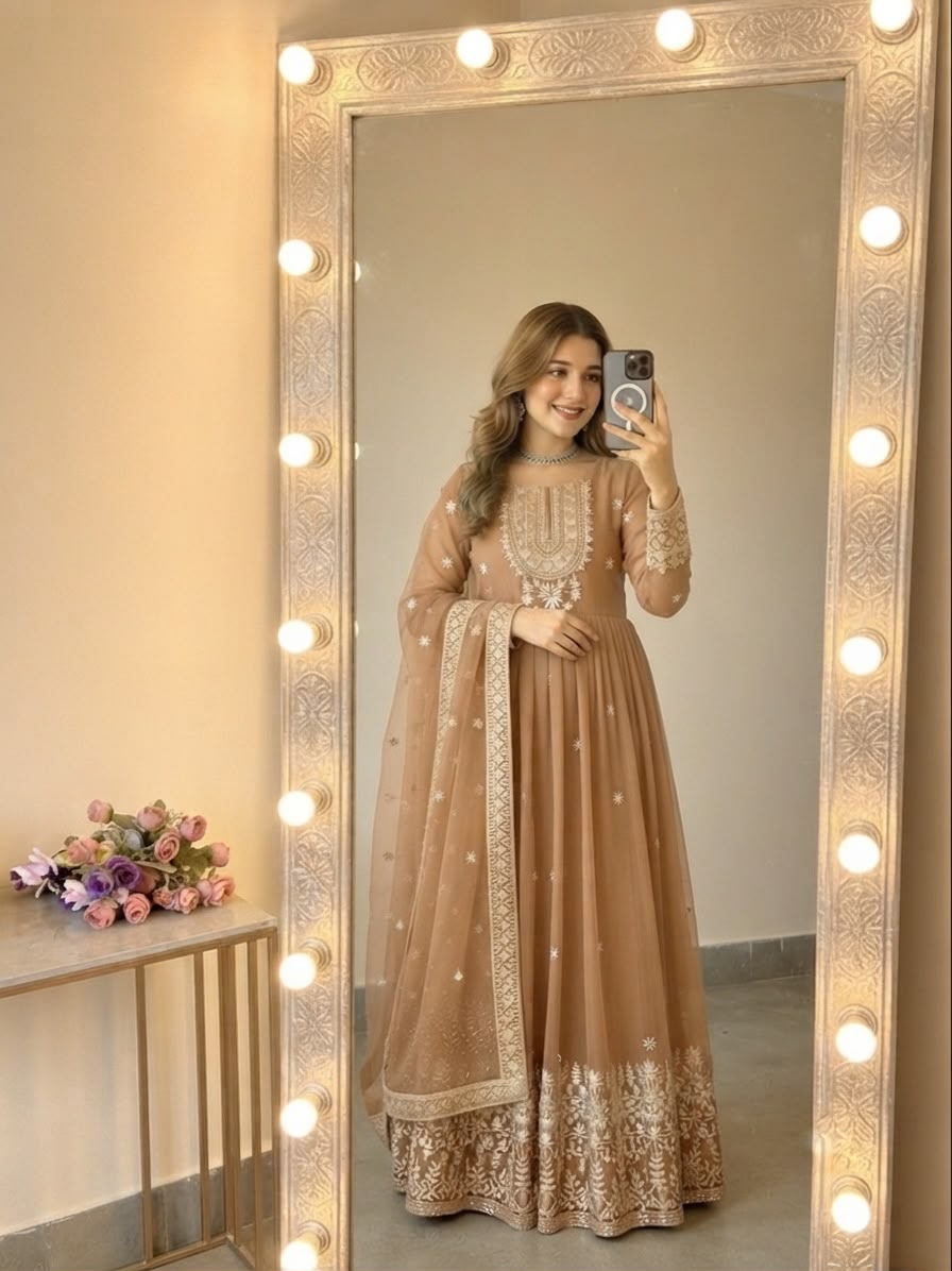 SSR 546 Chiku in Georgette Embroidery Work & Sequins Work Gown . Get it for ₹2149. Delivery 4-6 Working Days. Online Shop now. | Gowns, Bollywood Gowns, Creative Gowns, Designer Gowns, Embroidered Gowns, Party Wear Gowns