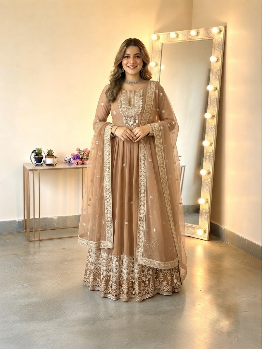 SSR 546 Chiku in Georgette Embroidery Work & Sequins Work Gown . Get it for ₹2149. Delivery 4-6 Working Days. Online Shop now. | Gowns, Bollywood Gowns, Creative Gowns, Designer Gowns, Embroidered Gowns, Party Wear Gowns