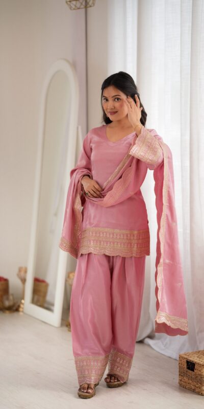 KB 304 Pink in Glass Roman Silk. Sequins Work & Embroidery Work Salwar Suit Festive Deal ₹1999. Delivery 4-6 Working Days. Shop now. | Jump Suits, Salwar suit, Casual Suits, Creative suits, Designer Suits, Palazzo Suits, Party Wear Suits, Patiala Suits, Straight Suits