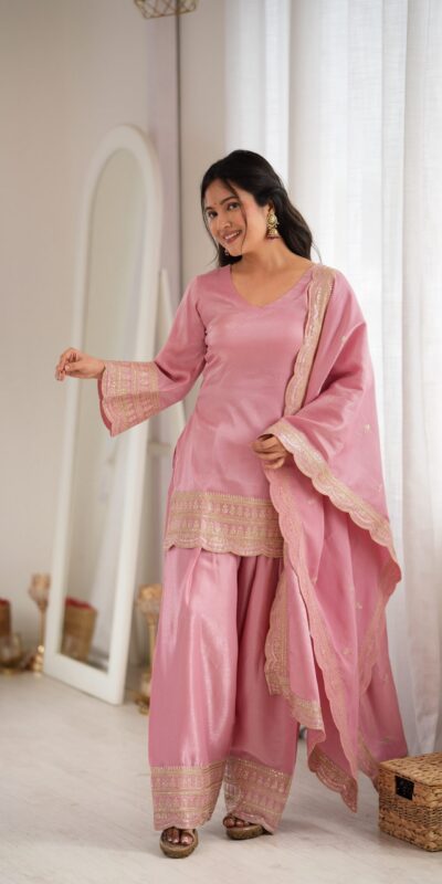 KB 304 Pink in Glass Roman Silk. Sequins Work & Embroidery Work Salwar Suit Festive Deal ₹1999. Delivery 4-6 Working Days. Shop now. | Jump Suits, Salwar suit, Casual Suits, Creative suits, Designer Suits, Palazzo Suits, Party Wear Suits, Patiala Suits, Straight Suits