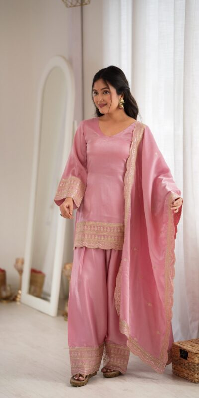 KB 304 Pink in Glass Roman Silk. Sequins Work & Embroidery Work Salwar Suit Festive Deal ₹1999. Delivery 4-6 Working Days. Shop now. | Jump Suits, Salwar suit, Casual Suits, Creative suits, Designer Suits, Palazzo Suits, Party Wear Suits, Patiala Suits, Straight Suits