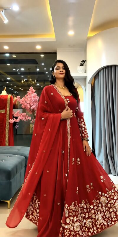 SSR 548 Red Fendy Silk Gown with Sequins Work & Thread Embroidery. Now at just ₹2399. Delivery 4-6 Working Days. Shop now. | Gowns, Bollywood Gowns, Creative Gowns, Designer Gowns, Embroidered Gowns, Party Wear Gowns