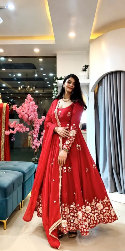 SSR 548 Red Fendy Silk Gown with Sequins Work & Thread Embroidery. Now at just ₹2399. Delivery 4-6 Working Days. Shop now. | Gowns, Bollywood Gowns, Creative Gowns, Designer Gowns, Embroidered Gowns, Party Wear Gowns