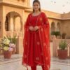Glowing Red Fox Georgette Embroidery Moti Work Gown