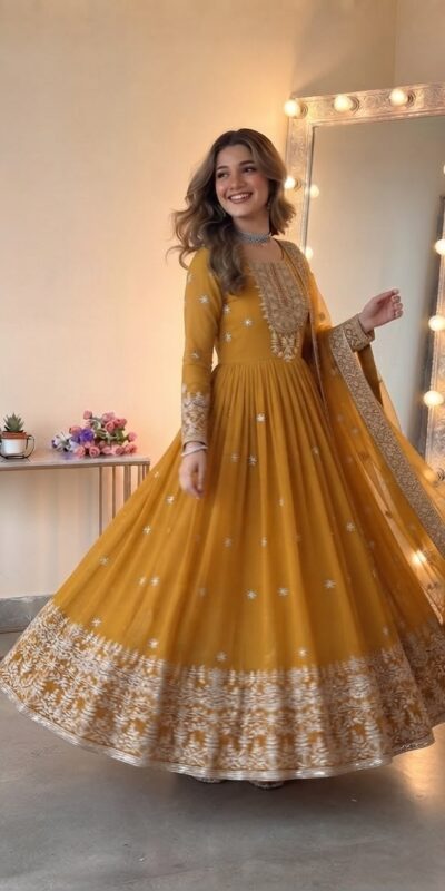 SSR 546 Yellow in Georgette Embroidery Work & Sequins Work Gown . Get it for ₹2149. Delivery 4-6 Working Days. Online Shop now. | Gowns, Bollywood Gowns, Creative Gowns, Designer Gowns, Embroidered Gowns, Party Wear Gowns