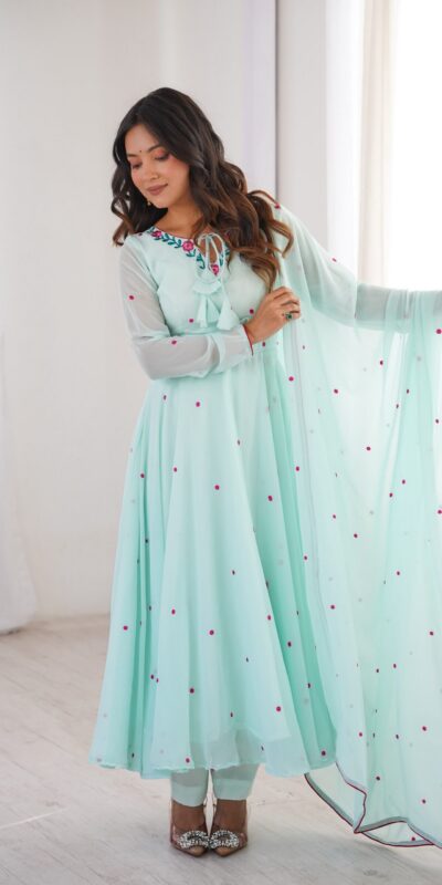 SP 82 Sky Blue in Heavy Faux Georgette Embroidery Work Salwar Suit . Introductory Price ₹1999. Delivery 4-6 Working Days. Shop now. | Anarkali Suits, Bollywood Anarkali, Creative-Anarkali, Designer Anarkali, Embroidered Anarkali, Party Wear Anarkali