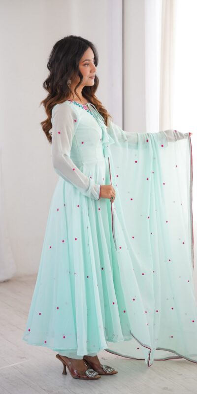 SP 82 Sky Blue in Heavy Faux Georgette Embroidery Work Salwar Suit . Introductory Price ₹1999. Delivery 4-6 Working Days. Shop now. | Anarkali Suits, Bollywood Anarkali, Creative-Anarkali, Designer Anarkali, Embroidered Anarkali, Party Wear Anarkali