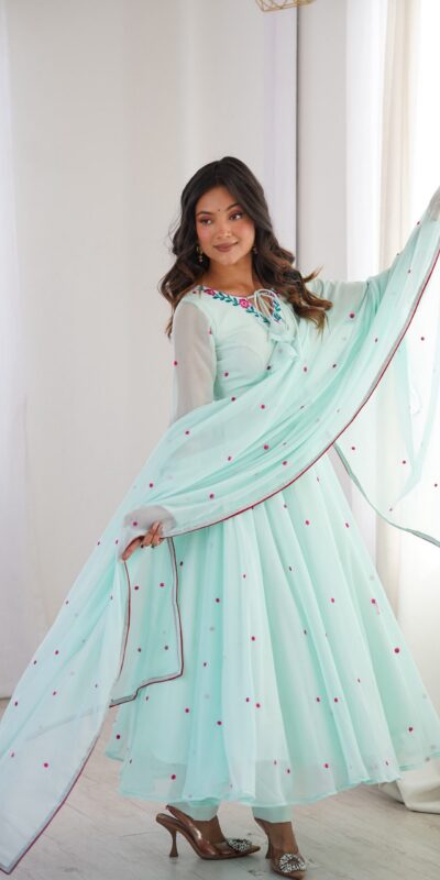 SP 82 Sky Blue in Heavy Faux Georgette Embroidery Work Salwar Suit . Introductory Price ₹1999. Delivery 4-6 Working Days. Shop now. | Anarkali Suits, Bollywood Anarkali, Creative-Anarkali, Designer Anarkali, Embroidered Anarkali, Party Wear Anarkali