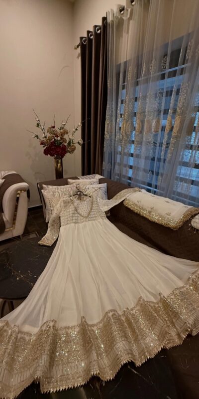 JF 049 White Georgette Gown with Embroidery Work & Sequins Work. Exclusive Offer ₹2149. Delivery 4-6 Working Days. Shop now. | Gowns, Bollywood Gowns, Creative Gowns, Designer Gowns, Embroidered Gowns, Party Wear Gowns
