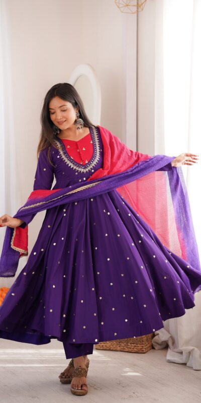 ZF 5023 Purple Roman Silk Gown with Mirror Work & Embroidery Work. Special Price ₹2099. Delivery 4-6 Working Days. Shop now. | Gowns, Bollywood Gowns, Creative Gowns, Designer Gowns, Embroidered Gowns, Party Wear Gowns