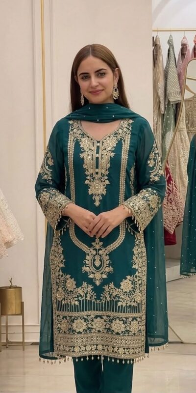 NSR 910 Green Faux Georgette Salwar Suit with Mirror Work & Embroidery Work. Get it for ₹2399. Delivery 4-6 Working Days. Shop now. | Jump Suits, Salwar suit, Casual Suits, Creative suits, Designer Suits, Palazzo Suits, Party Wear Suits, Patiala Suits, Straight Suits