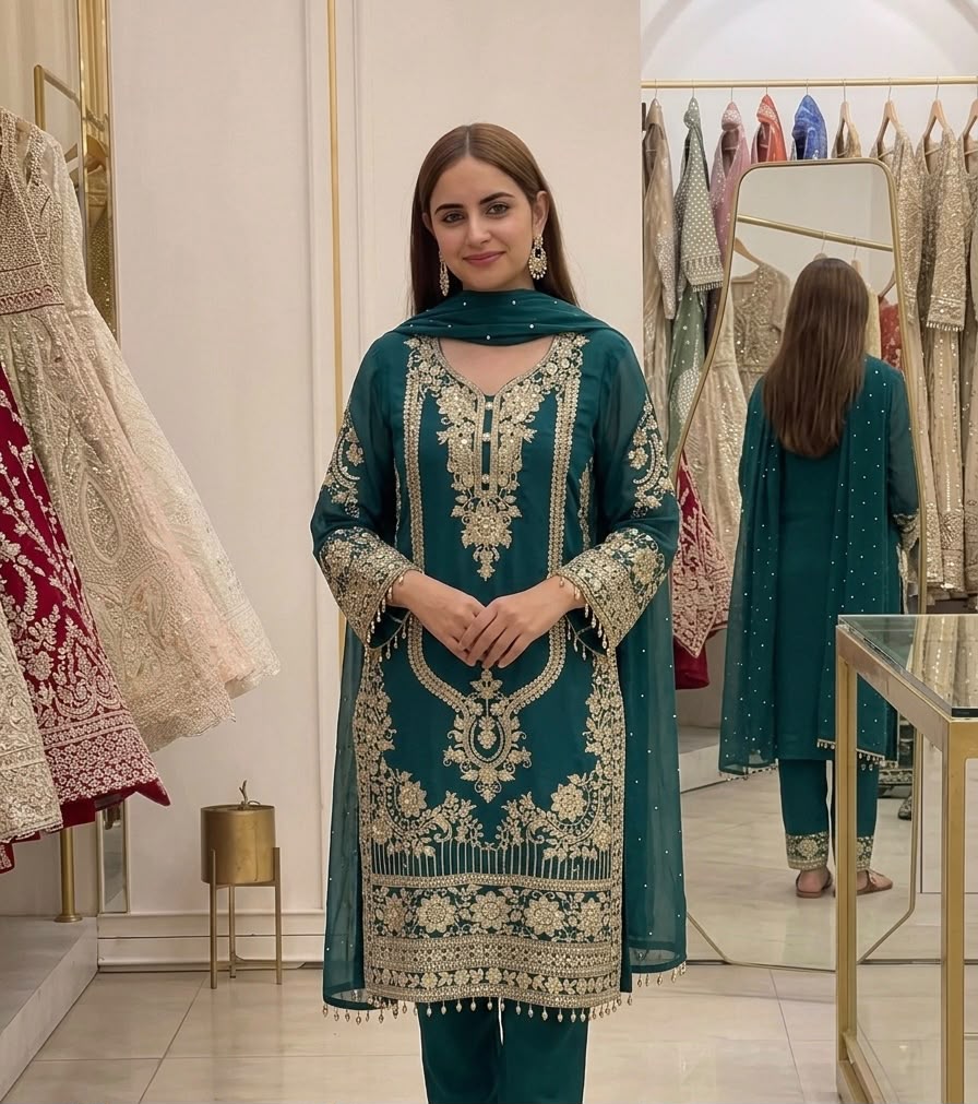 NSR 910 Green Faux Georgette Salwar Suit with Mirror Work & Embroidery Work. Get it for ₹2399. Delivery 4-6 Working Days. Shop now. | Jump Suits, Salwar suit, Casual Suits, Creative suits, Designer Suits, Palazzo Suits, Party Wear Suits, Patiala Suits, Straight Suits