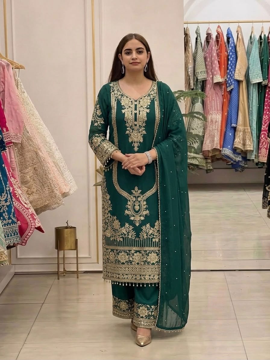 NSR 910 Green Faux Georgette Salwar Suit with Mirror Work & Embroidery Work. Get it for ₹2399. Delivery 4-6 Working Days. Shop now. | Jump Suits, Salwar suit, Casual Suits, Creative suits, Designer Suits, Palazzo Suits, Party Wear Suits, Patiala Suits, Straight Suits