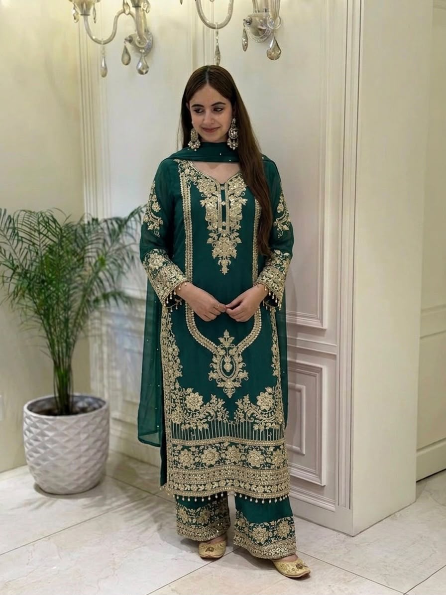 NSR 910 Green Faux Georgette Salwar Suit with Mirror Work & Embroidery Work. Get it for ₹2399. Delivery 4-6 Working Days. Shop now. | Jump Suits, Salwar suit, Casual Suits, Creative suits, Designer Suits, Palazzo Suits, Party Wear Suits, Patiala Suits, Straight Suits