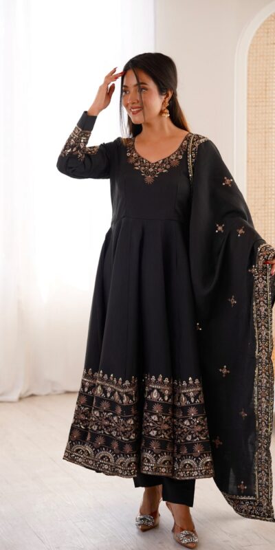 ZF 5016 Black Roman Silk Gown with Embroidery Work. Wedding, Party, Festive, Events, Navratri, Exclusive Offer ₹2499. Delivery 4-6 Working Days. Shop now. | Gowns, Bollywood Gowns, Creative Gowns, Designer Gowns, Embroidered Gowns, Party Wear Gowns