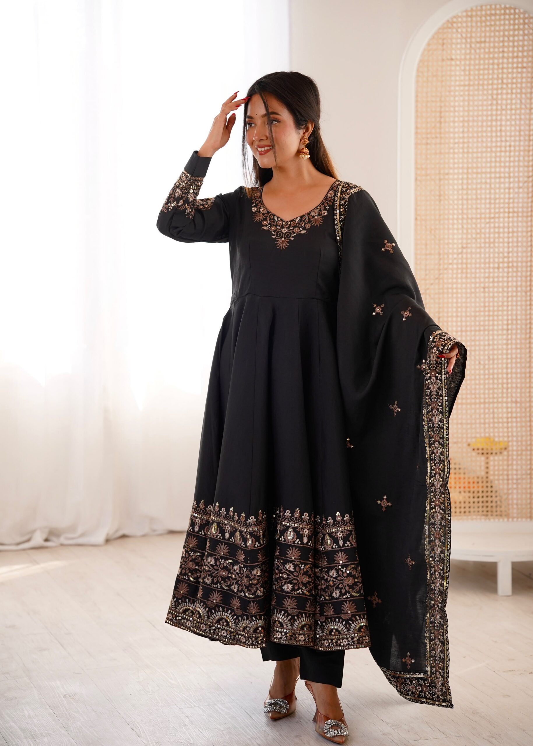 ZF 5016 Black Roman Silk Gown with Embroidery Work. Wedding, Party, Festive, Events, Navratri, Exclusive Offer ₹2499. Delivery 4-6 Working Days. Shop now. | Gowns, Bollywood Gowns, Creative Gowns, Designer Gowns, Embroidered Gowns, Party Wear Gowns