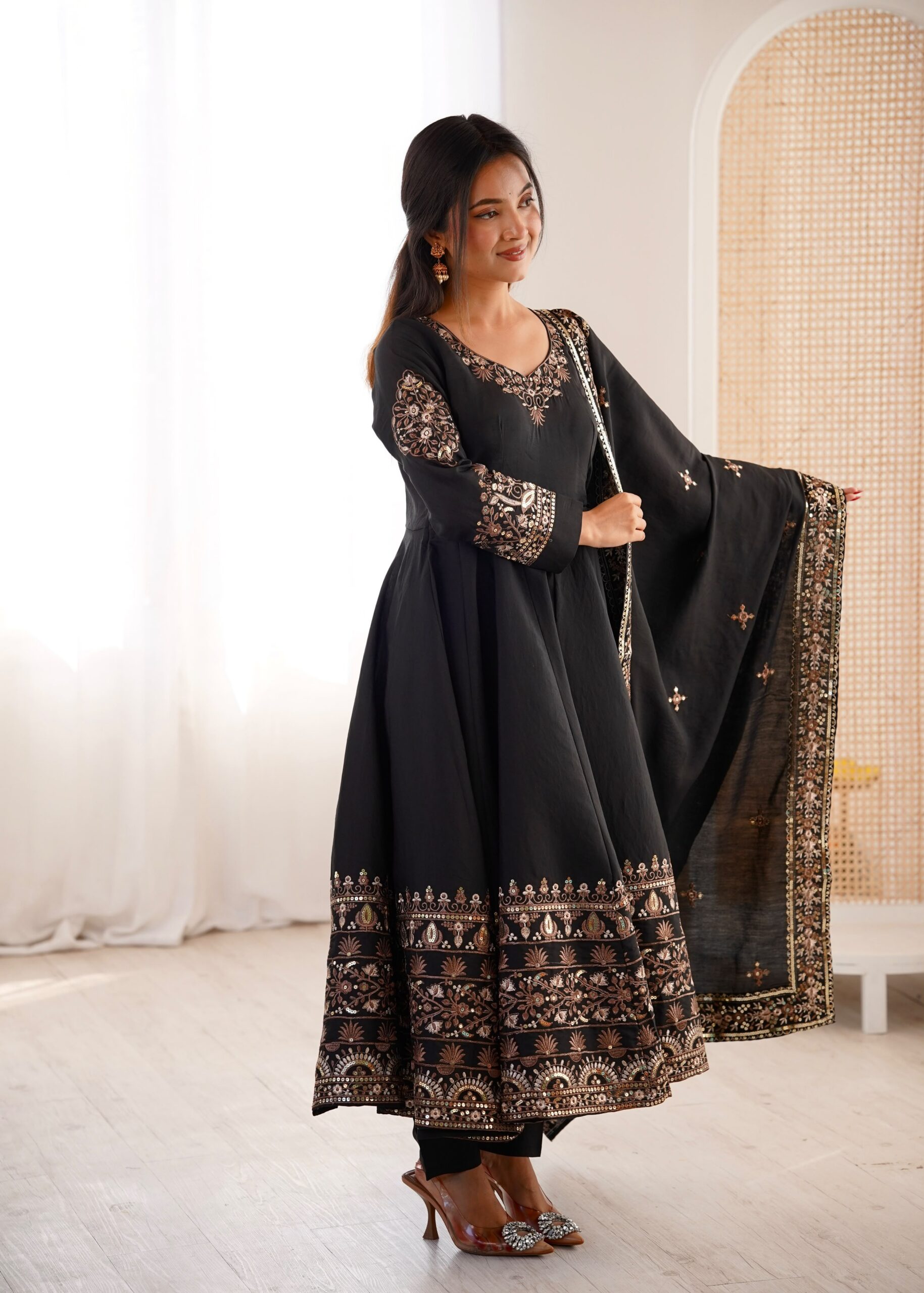 ZF 5016 Black Roman Silk Gown with Embroidery Work. Wedding, Party, Festive, Events, Navratri, Exclusive Offer ₹2499. Delivery 4-6 Working Days. Shop now. | Gowns, Bollywood Gowns, Creative Gowns, Designer Gowns, Embroidered Gowns, Party Wear Gowns