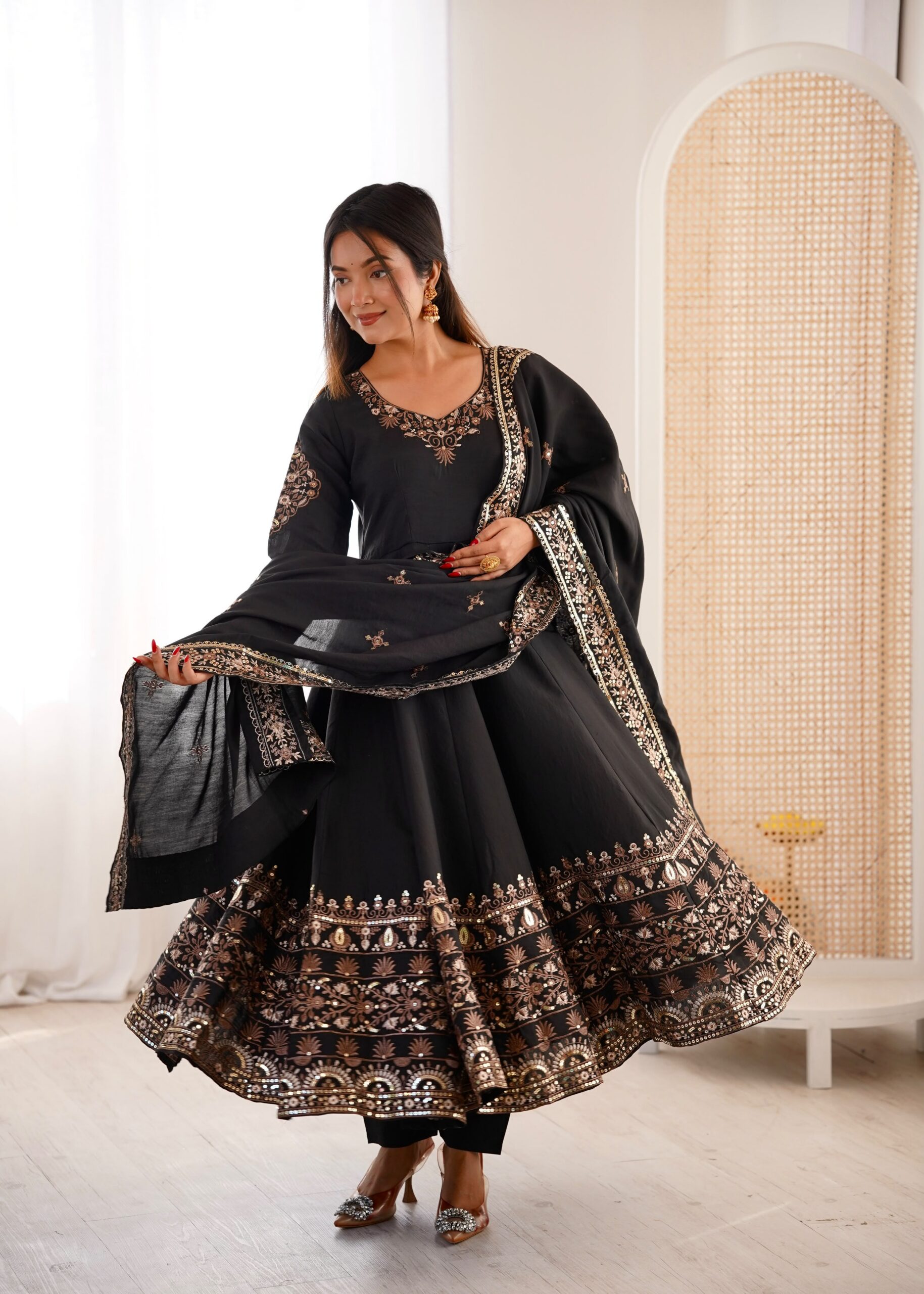 ZF 5016 Black Roman Silk Gown with Embroidery Work. Wedding, Party, Festive, Events, Navratri, Exclusive Offer ₹2499. Delivery 4-6 Working Days. Shop now. | Gowns, Bollywood Gowns, Creative Gowns, Designer Gowns, Embroidered Gowns, Party Wear Gowns