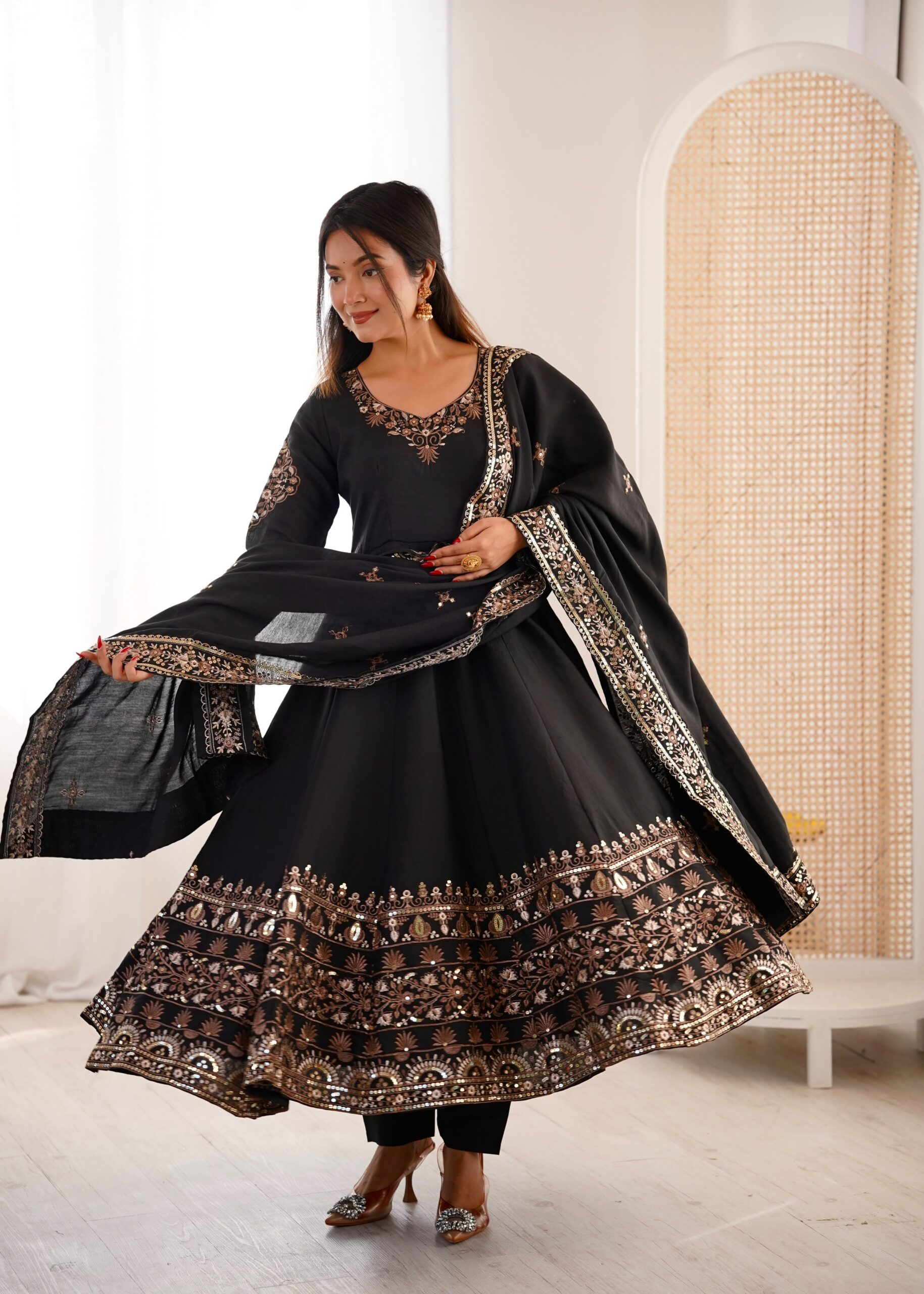 ZF 5016 Black Roman Silk Gown with Embroidery Work. Wedding, Party, Festive, Events, Navratri, Exclusive Offer ₹2499. Delivery 4-6 Working Days. Shop now. | Gowns, Bollywood Gowns, Creative Gowns, Designer Gowns, Embroidered Gowns, Party Wear Gowns