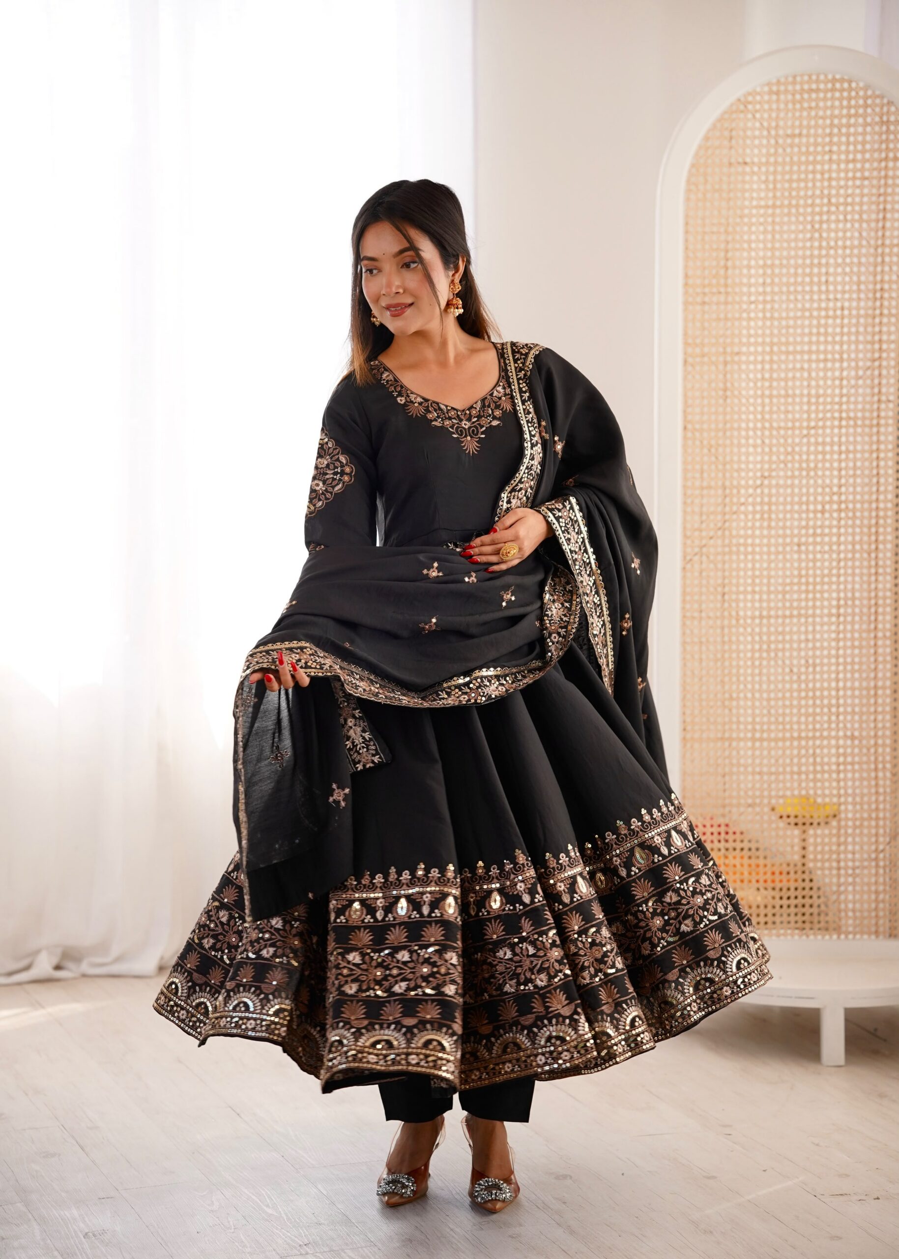 ZF 5016 Black Roman Silk Gown with Embroidery Work. Wedding, Party, Festive, Events, Navratri, Exclusive Offer ₹2499. Delivery 4-6 Working Days. Shop now. | Gowns, Bollywood Gowns, Creative Gowns, Designer Gowns, Embroidered Gowns, Party Wear Gowns