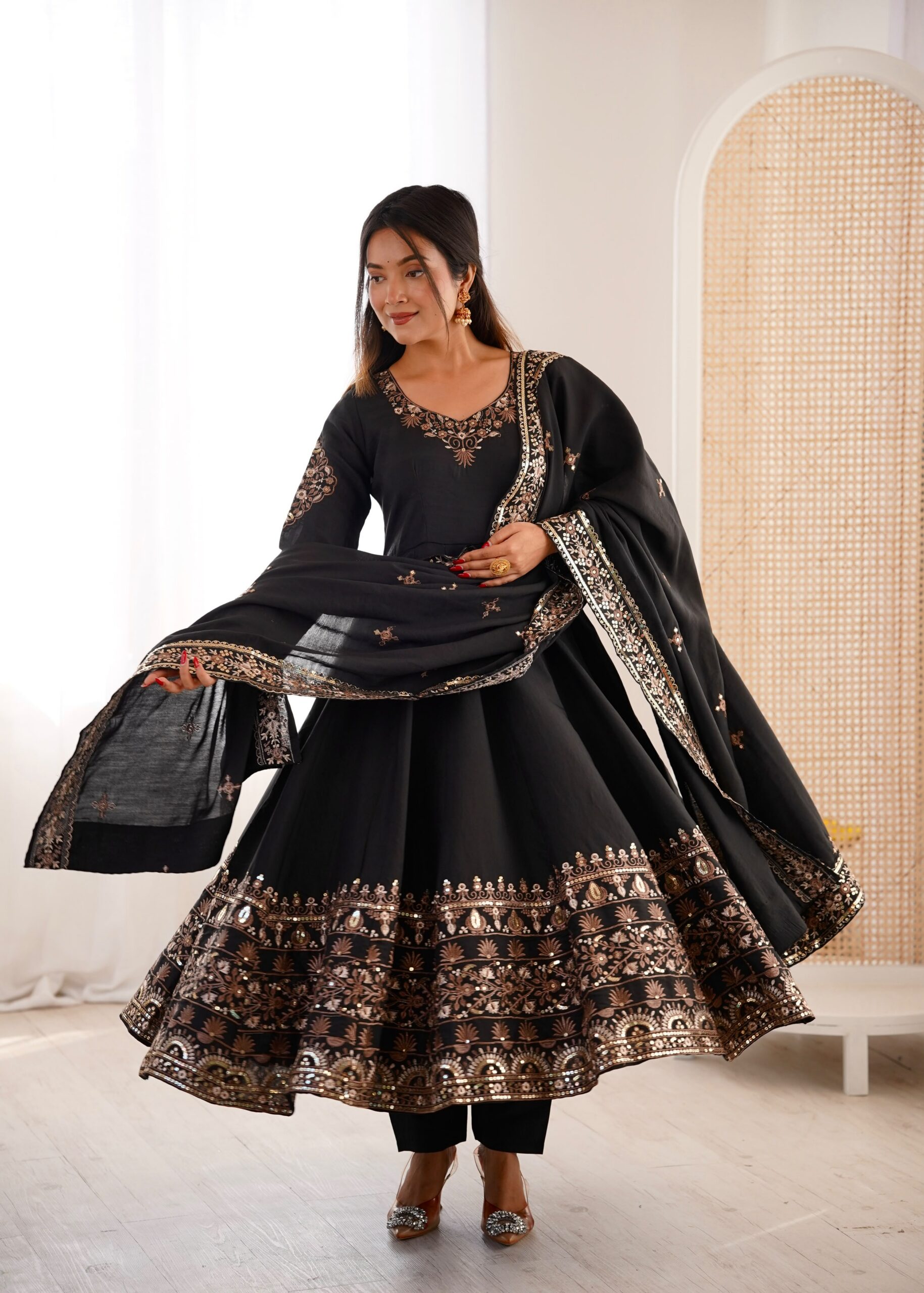 ZF 5016 Black Roman Silk Gown with Embroidery Work. Wedding, Party, Festive, Events, Navratri, Exclusive Offer ₹2499. Delivery 4-6 Working Days. Shop now. | Gowns, Bollywood Gowns, Creative Gowns, Designer Gowns, Embroidered Gowns, Party Wear Gowns