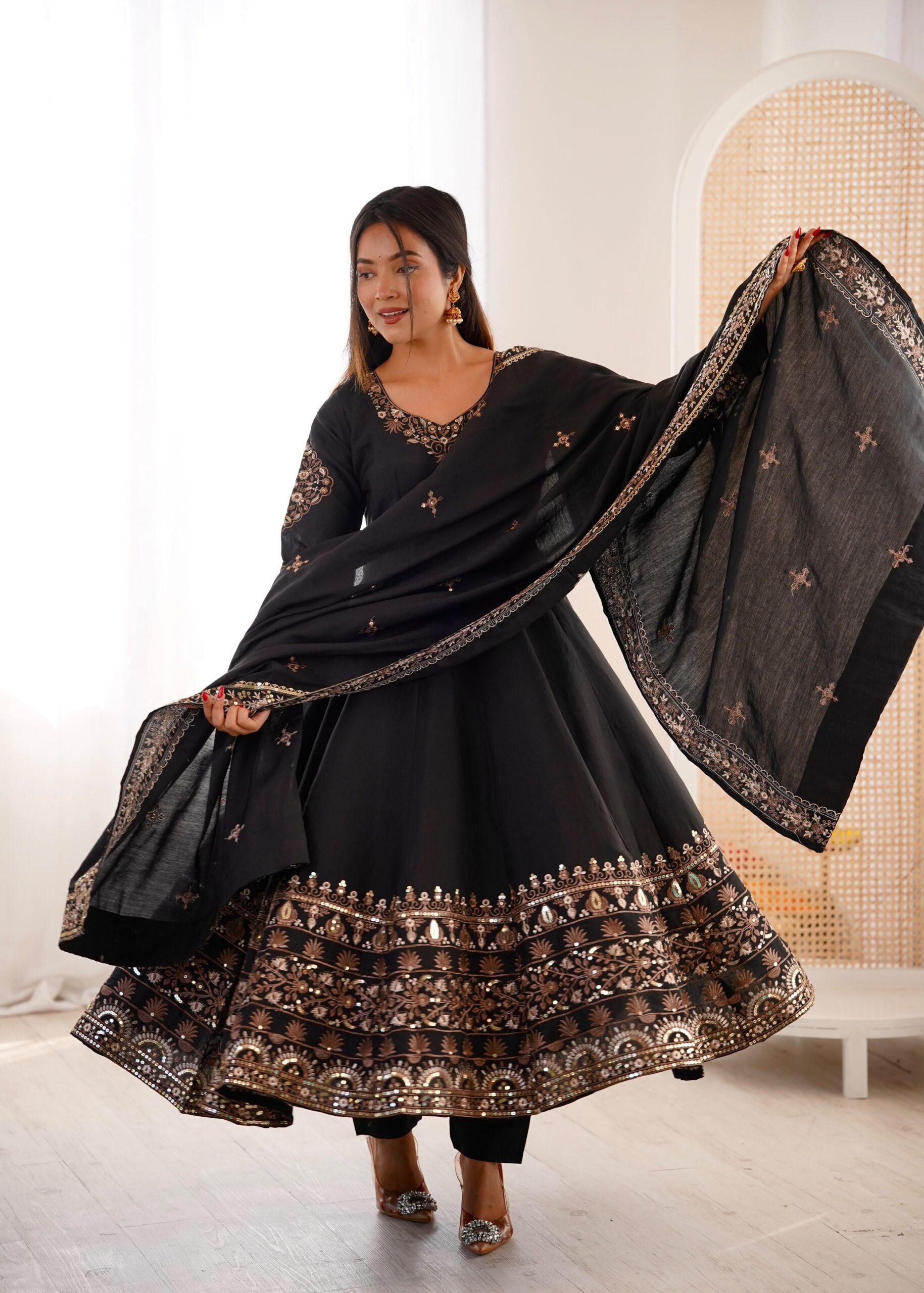 ZF 5016 Black Roman Silk Gown with Embroidery Work. Wedding, Party, Festive, Events, Navratri, Exclusive Offer ₹2499. Delivery 4-6 Working Days. Shop now. | Gowns, Bollywood Gowns, Creative Gowns, Designer Gowns, Embroidered Gowns, Party Wear Gowns