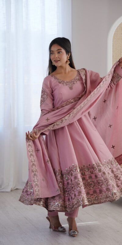 ZF 5016 Dusty Pink Roman Silk Gown with Embroidery Work. Wedding, Party, Festive, Events, Navratri, Offer ₹2499. Delivery 4-6 Working Days. Shop now. | Gowns, Bollywood Gowns, Creative Gowns, Designer Gowns, Embroidered Gowns, Party Wear Gowns