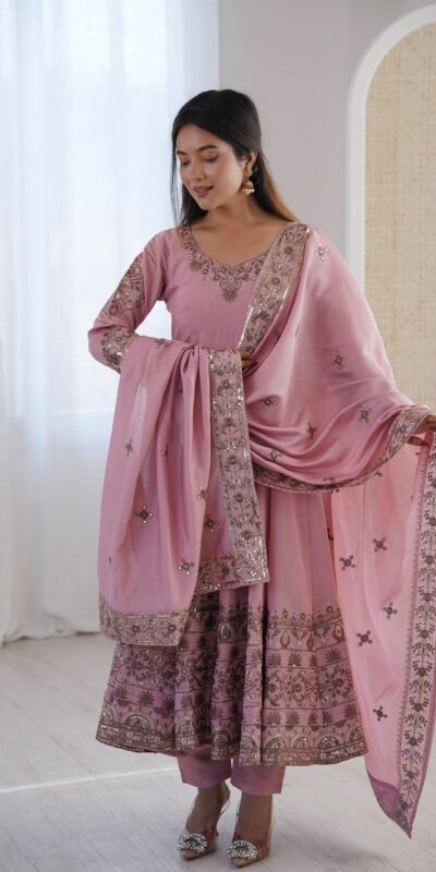 ZF 5016 Dusty Pink Roman Silk Gown with Embroidery Work. Wedding, Party, Festive, Events, Navratri, Offer ₹2499. Delivery 4-6 Working Days. Shop now. | Gowns, Bollywood Gowns, Creative Gowns, Designer Gowns, Embroidered Gowns, Party Wear Gowns