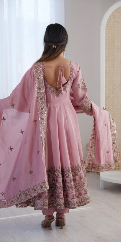 ZF 5016 Dusty Pink Roman Silk Gown with Embroidery Work. Wedding, Party, Festive, Events, Navratri, Offer ₹2499. Delivery 4-6 Working Days. Shop now. | Gowns, Bollywood Gowns, Creative Gowns, Designer Gowns, Embroidered Gowns, Party Wear Gowns