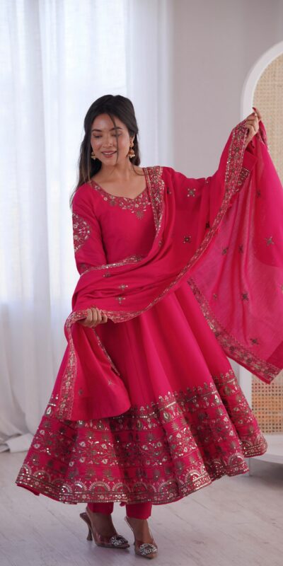 ZF 5016 Pink Roman Silk Gown with Embroidery Work. Wedding, Party, Festive, Events, Navratri, Exclusive Offer ₹2499. Delivery 4-6 Working Days. Shop now. | Gowns, Bollywood Gowns, Creative Gowns, Designer Gowns, Embroidered Gowns, Party Wear Gowns